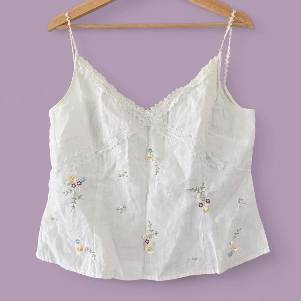 Edward Petite Women's PL White Irish Linen Embroidered Sequin Cami Tank Top